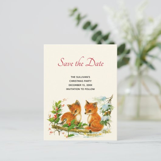 ヴィンテージキツネレトロクリスマスシーン日付を保存 インビテーションポストカード (スタンド正面)