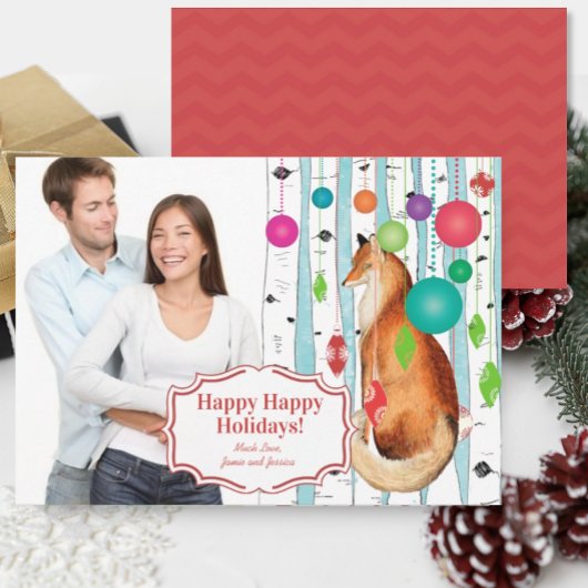 ヴィンテージキツネ樺の木ツリーフォトクリスマスカード シーズンカード