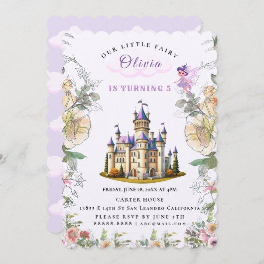 ヴィンテージキャッスルフェアユタレ誕生日テーマウィアフェアリー 招待状 (正面/裏面)
