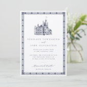ヴィンテージキャッスル縁どイラストレーションシルバー結婚ズ 招待状 (スタンド正面)