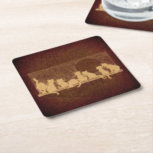 ヴィンテージキャッツア素朴ートブラウンエイジドマップスタイル スクエアペーパーコースター (アングル)