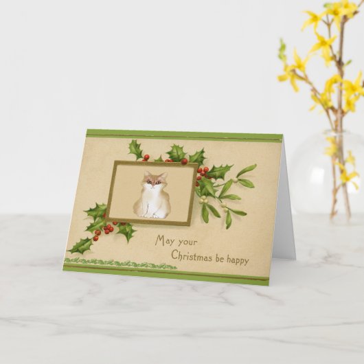 ヴィンテージキャットとホリーのクリスマスカード カード (黄色い花)