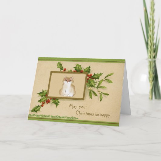 ヴィンテージキャットとホリーのクリスマスカード カード (正面)