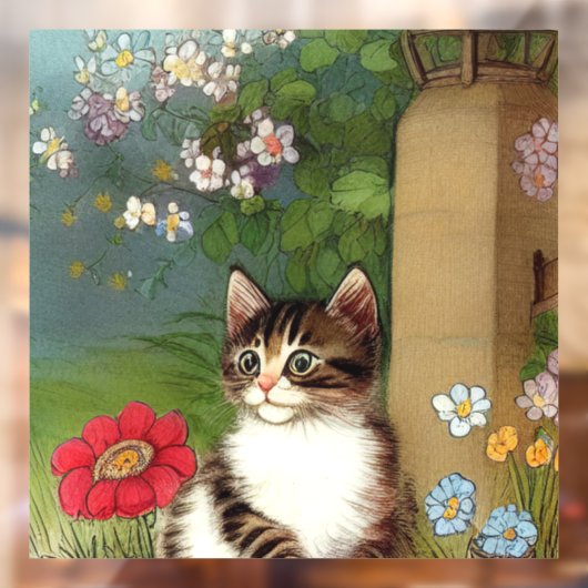 ヴィンテージキャットイラストレーションと春の花 ウィンドウサイン (シート2)