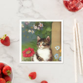 ヴィンテージキャットイラストレーションと春の花 スタンダードカクテルナプキン (インサイチュ)