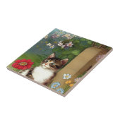 ヴィンテージキャットイラストレーションと春の花 タイル (側面)