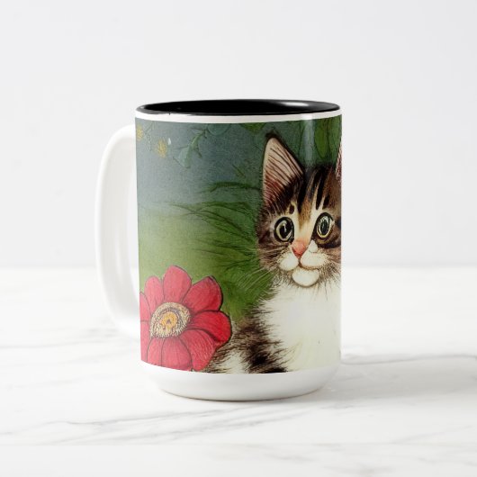 ヴィンテージキャットイラストレーションと春の花 ツートーンマグカップ (正面左)