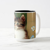 ヴィンテージキャットイラストレーションと春の花 ツートーンマグカップ (正面右)