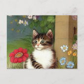 ヴィンテージキャットイラストレーションと春の花 ポストカード (正面)