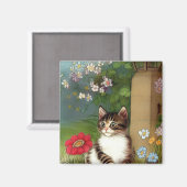 ヴィンテージキャットイラストレーションと春の花 マグネット (正面/裏面)