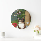 ヴィンテージキャットイラストレーションと春の花 ラージ壁時計 (ホーム)