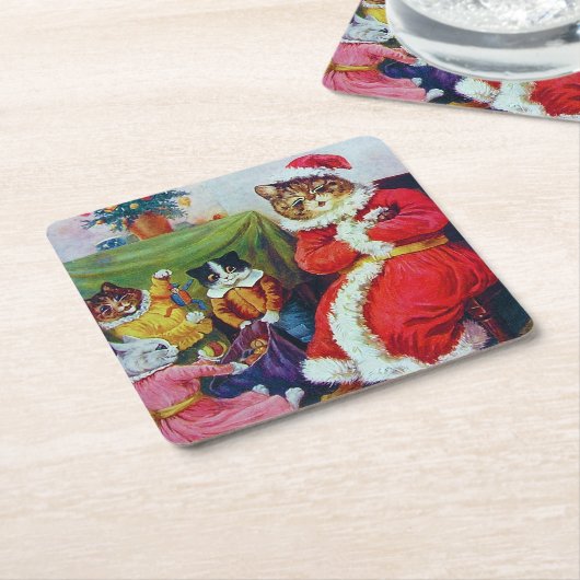 ヴィンテージキャットクリスマスルイワーイン スクエアペーパーコースター (アングル)