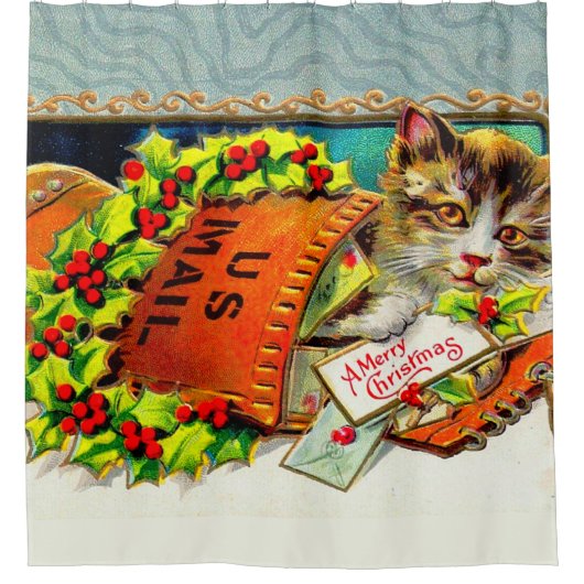 ヴィンテージキャットメリークリスマス シャワーカーテン (正面)