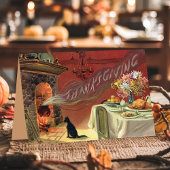 ヴィンテージキャット暖炉ターキーディナーサンクスギビング シーズンカード