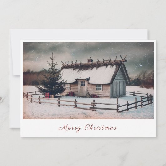 ヴィンテージキャビンウィンターシーンクリスマスホリデーカード シーズンカード (正面)