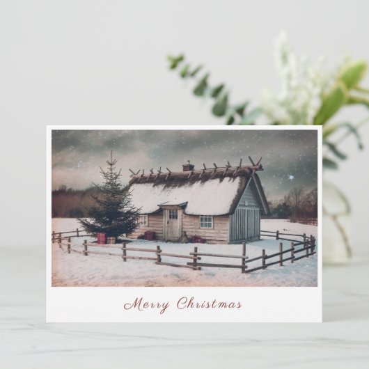 ヴィンテージキャビンウィンターシーンクリスマスホリデーカード シーズンカード (スタンド正面)