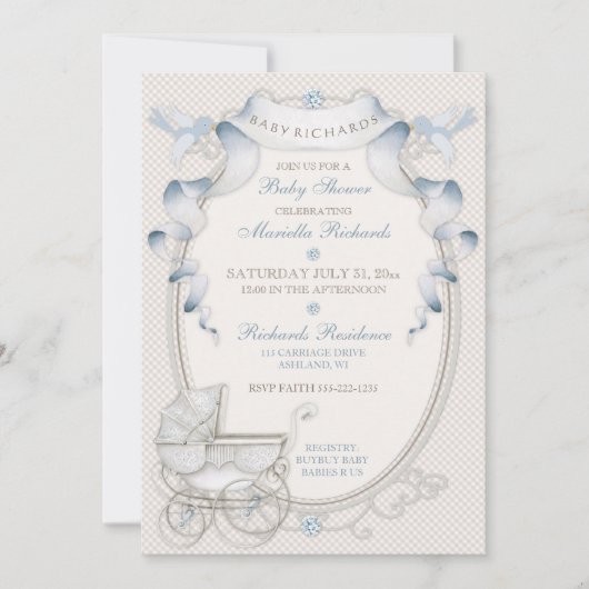 ヴィンテージキャリッジアイボリーギンガムブルーバード 招待状 (正面)