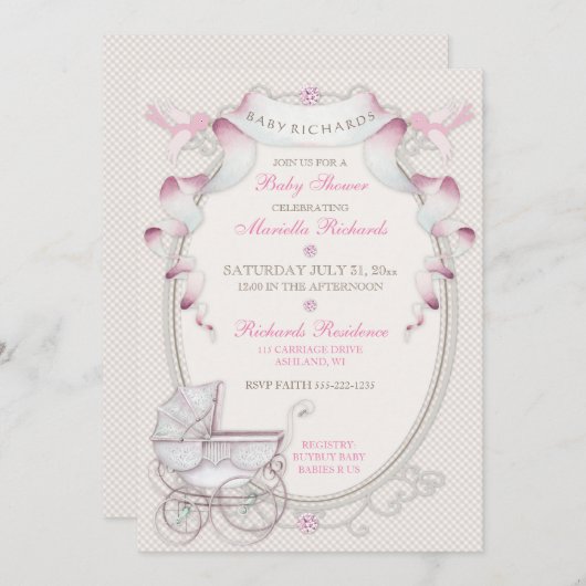 ヴィンテージキャリッジアイボリーピンクジンガムバード 招待状 (正面/裏面)