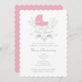 ヴィンテージキャリッジガールベビーシャワーピンクプラム 招待状 (正面/裏面)