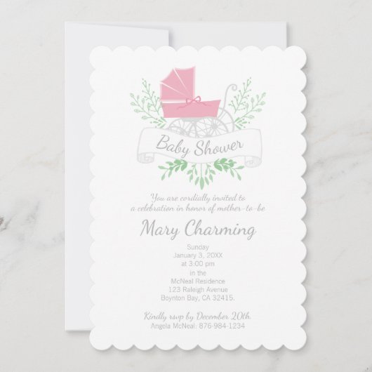 ヴィンテージキャリッジガールベビーシャワーピンクプラム 招待状 (正面)