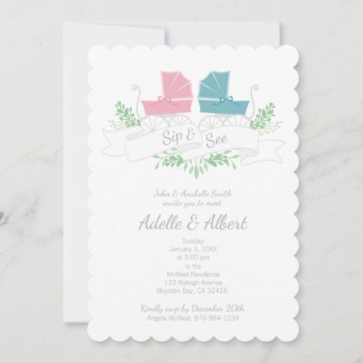 ヴィンテージキャリッジツインSIP & SEEピンクブループラム 招待状 (正面)