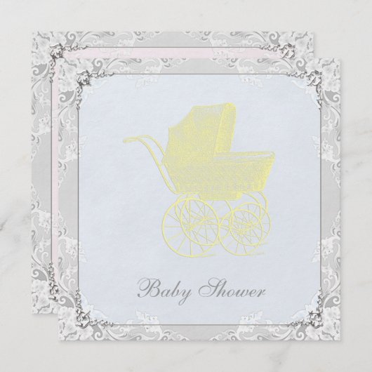 ヴィンテージキャリッジパム男女兼用ベビーシャワー 招待状 (正面/裏面)