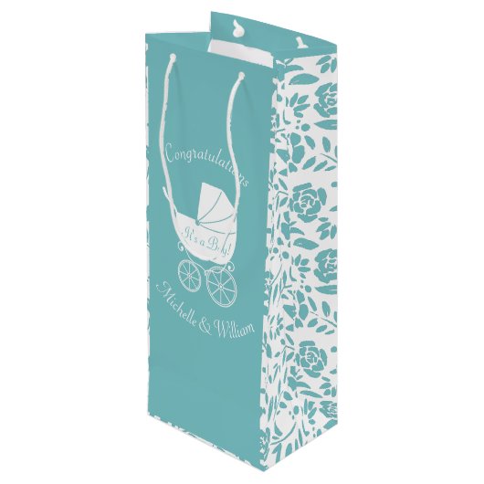 ヴィンテージキャリッジベビーシャワーかわいいブルーボーイ ワインギフトバッグ (裏面アングル)