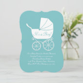 ヴィンテージキャリッジベビーシャワーかわいいブルーボーイ 招待状 (スタンド正面)