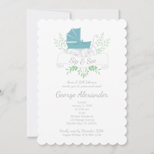 ヴィンテージキャリッジボーイまたはガールSIP & SEEブループラム 招待状 (正面)