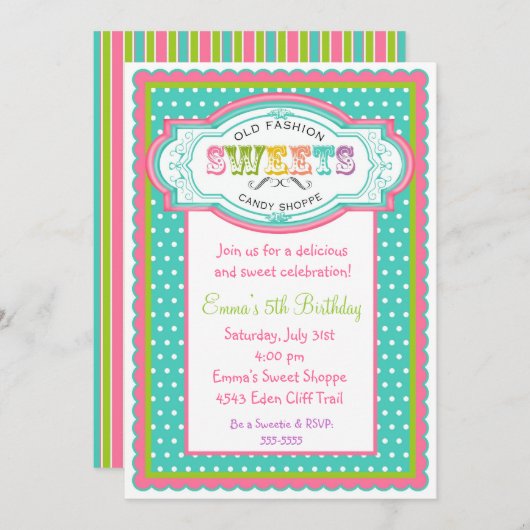 ヴィンテージキャンディパーラー誕生日招待状 招待状 (正面/裏面)