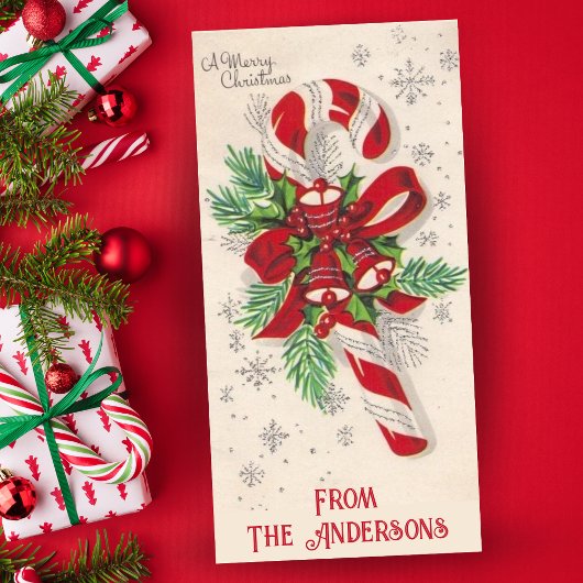 ヴィンテージキャンディーケーンとベルのカスタムクリスマス シーズンカード