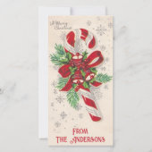 ヴィンテージキャンディーケーンとベルのカスタムクリスマス シーズンカード (正面)