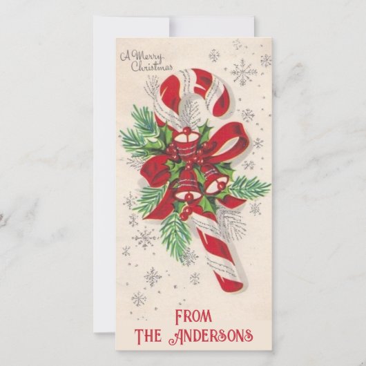 ヴィンテージキャンディーケーンとベルのカスタムクリスマス シーズンカード (正面)