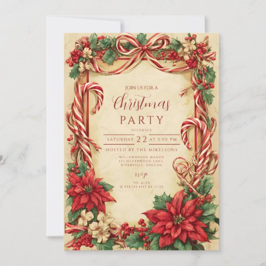 ヴィンテージキャンディーケーンクリスマス 招待状 (正面)