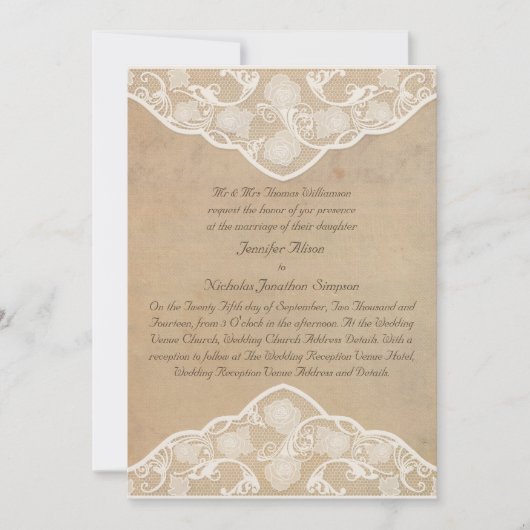 ヴィンテージキャンバスとレースエフェクトの結婚式招待状 招待状 (正面)