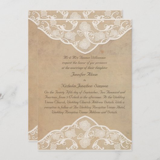 ヴィンテージキャンバスとレースエフェクトの結婚式招待状 招待状 (正面/裏面)