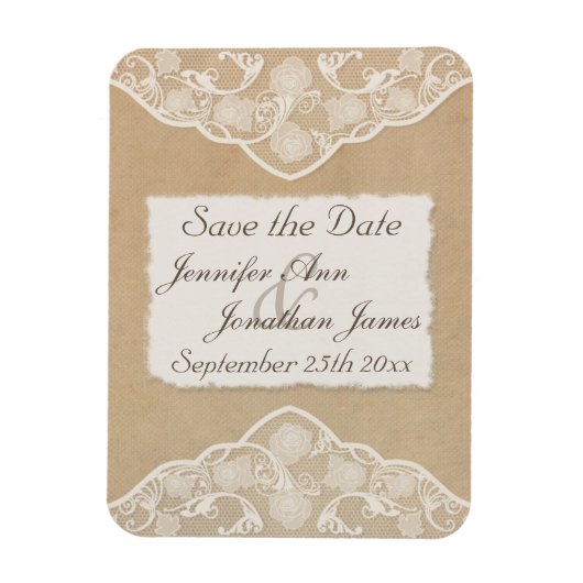 ヴィンテージキャンバス、紙&レースのルック日付を保存 マグネット (縦)