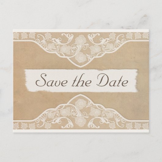 ヴィンテージキャンバス、紙&レースのルック日付を保存 案内ポストカード (正面)