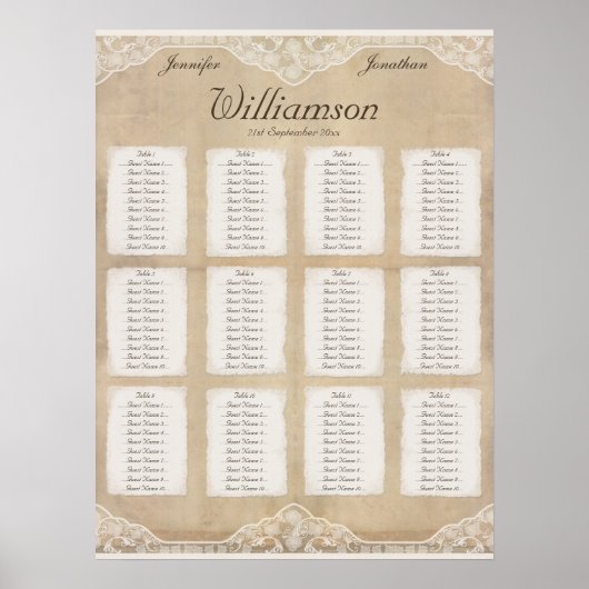 ヴィンテージキャンバス、紙、レースルックのシーティングチャート ポスター (正面)