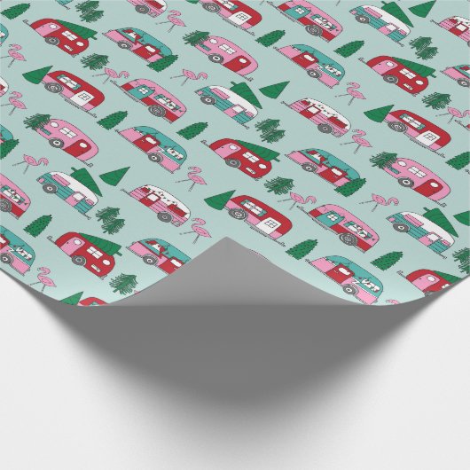 ヴィンテージキャンパーズレッドとピンクのノベルティクリスマス ラッピングペーパー (角)