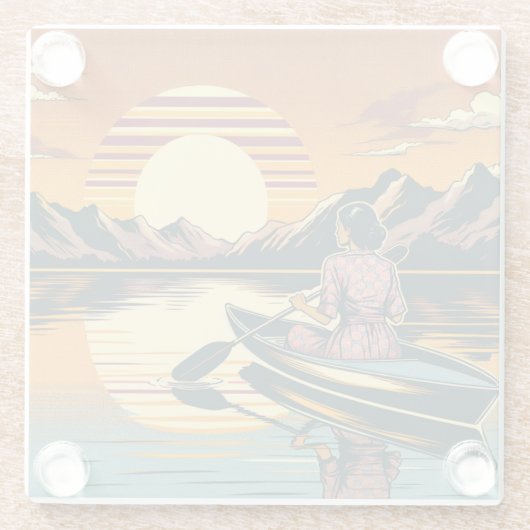 ヴィンテージキャンピングシーンウーマンカヤック ガラスコースター (裏面)