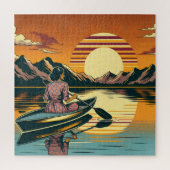 ヴィンテージキャンピングシーンウーマンカヤック ジグソーパズル (縦)