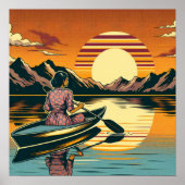 ヴィンテージキャンピングシーンウーマンカヤック ポスター (正面)