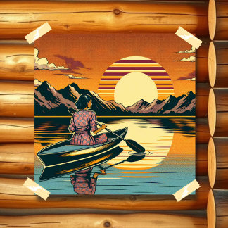 ヴィンテージキャンピングシーンウーマンカヤック ポスター