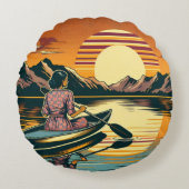 ヴィンテージキャンピングシーンウーマンカヤック ラウンドクッション (正面)