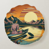 ヴィンテージキャンピングシーンウーマンカヤック ラウンドクッション (裏面)