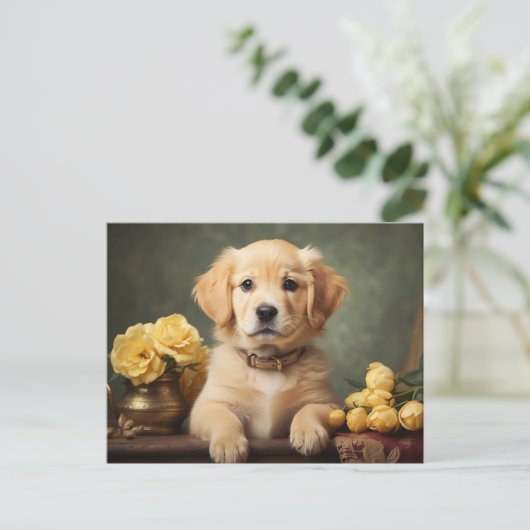 ヴィンテージキュートゴールデンレトリエバーパピードッグポートレート ポストカード (スタンド正面)