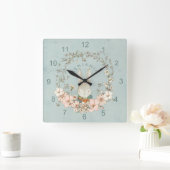 ヴィンテージキュートバニー花模様ネーム男の赤ちゃん子供部屋 スクエア壁時計 (ホーム)