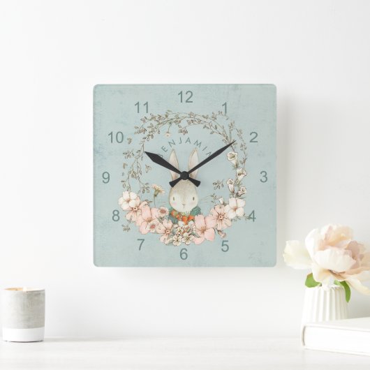 ヴィンテージキュートバニー花模様ネーム男の赤ちゃん子供部屋 スクエア壁時計 (ホーム)