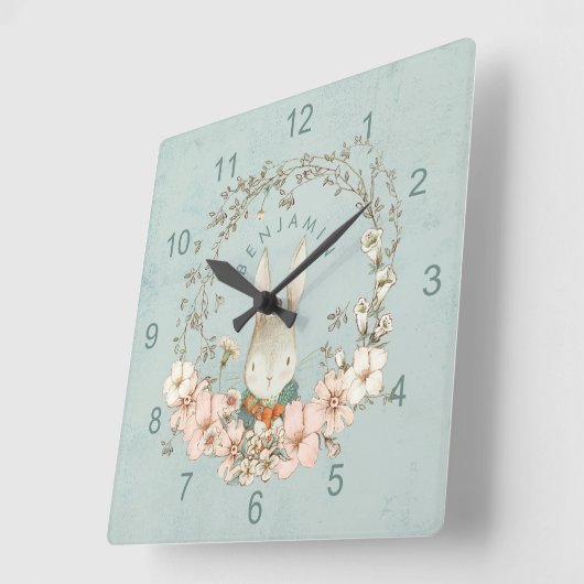 ヴィンテージキュートバニー花模様ネーム男の赤ちゃん子供部屋 スクエア壁時計 (傾斜)